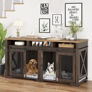 GARVEE71" Heavy Duty Double Dog Crate Furniture with Removable Divider and 3 Storage Compartments, Indoor Furniture Style Dog Kennel Table for Large and Medium Dogs in Dark Walnut