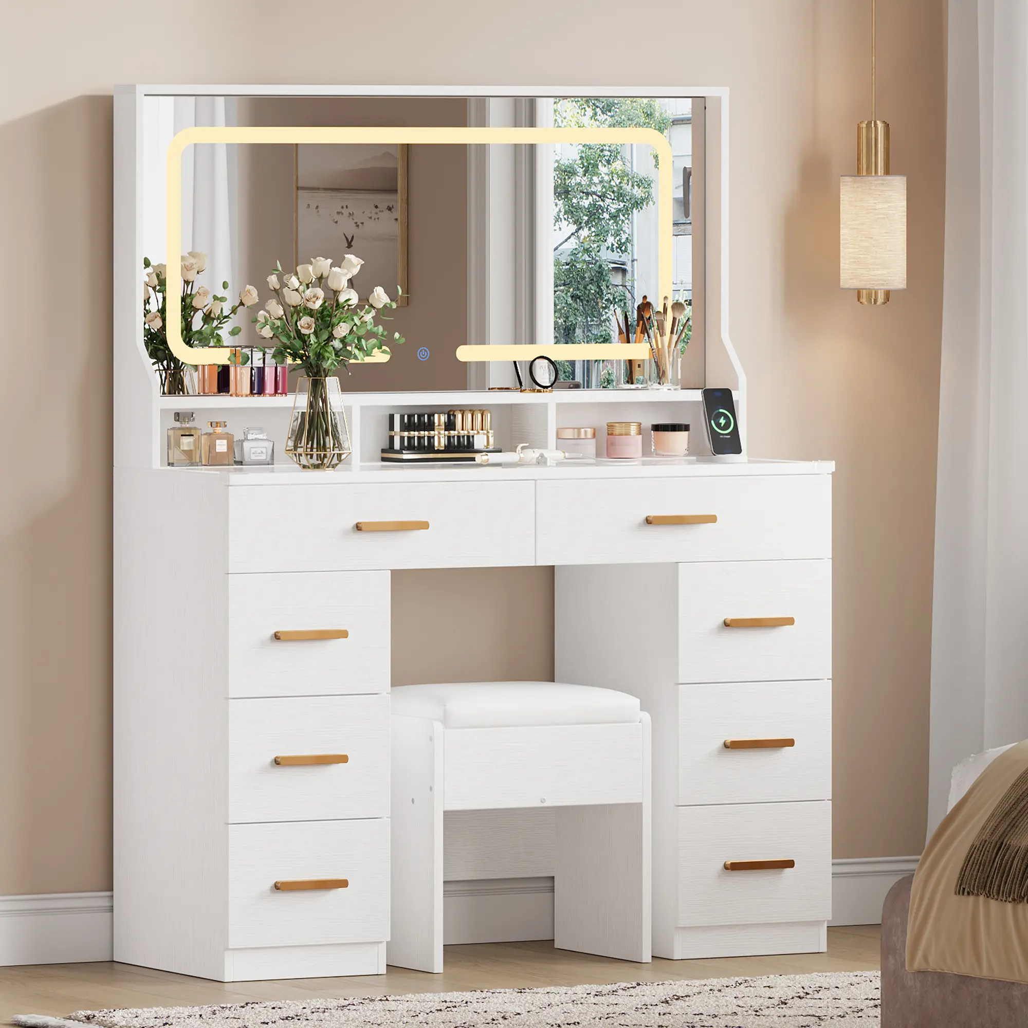 Makeup Vanity Table with LED Mirror & Stool, Large Dressing Table with Drawers & Glass Top, Power Outlets, Wood Vanity Table Set with Stool for Bedroom