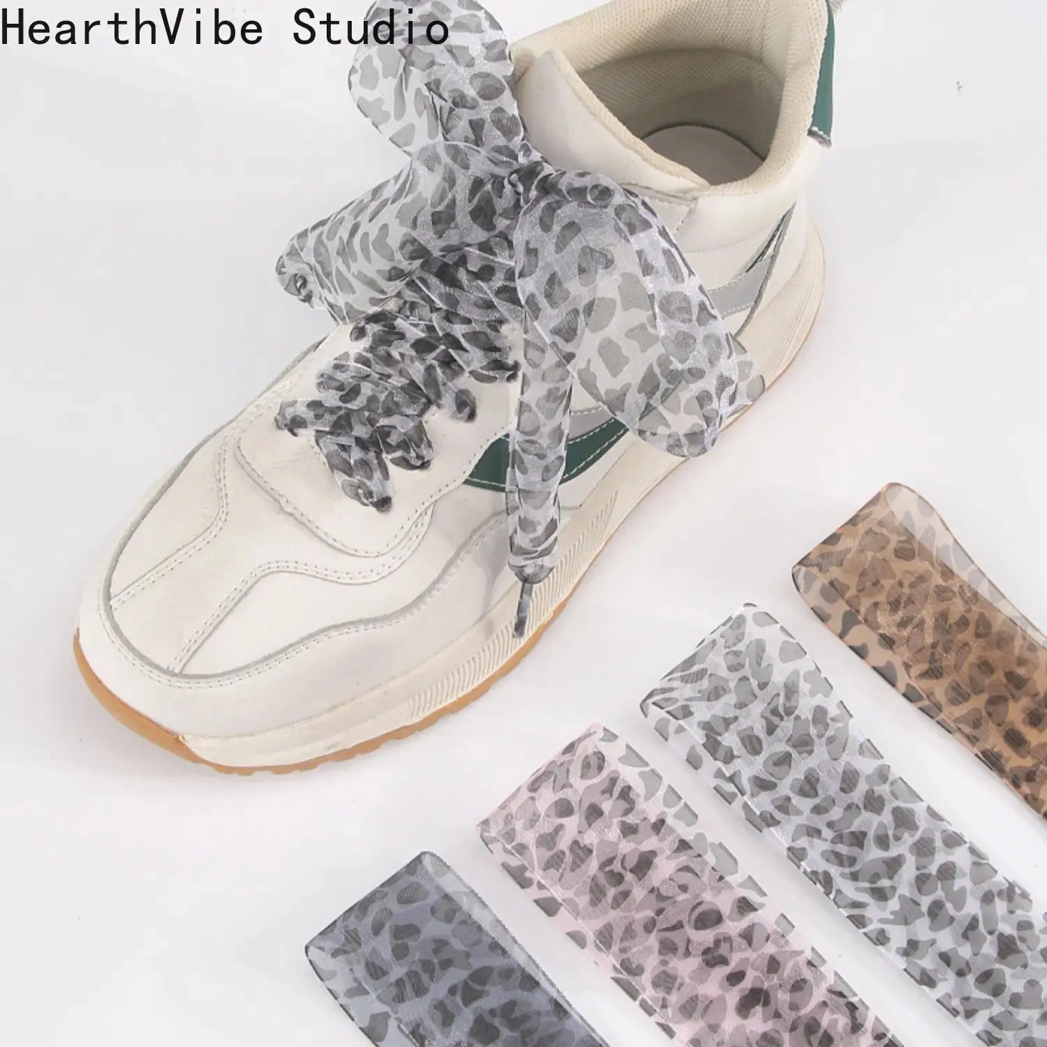 White Leopard Print Shoelaces, 4cm Extra-Wide Sheer Organza Ribbon, Casual Lace-Up for Sneakers, Pu Ribbon, Clothes