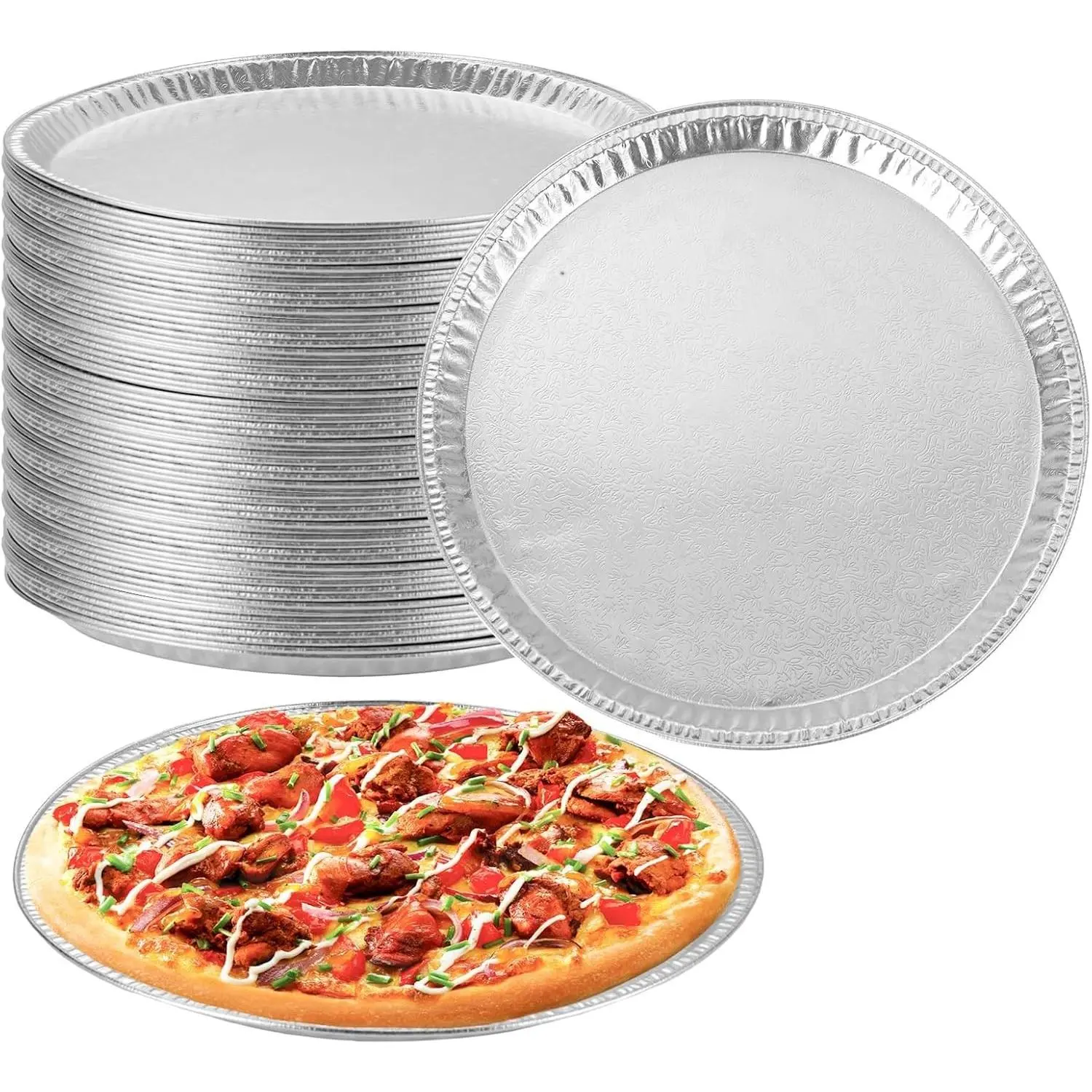 WOPPLXY 25 Pack 12 Inch Round Disposable Aluminum Foil Pizza Pans, Food Serving Trays for Pizza, Vegetable, Fruit, Cake, Cookies