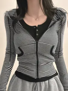 Women's Striped Hoodie with Drawstring, Long Sleeve Slim Fit Outerwear, Casual Spring & Fall Top with Pockets and Zipper