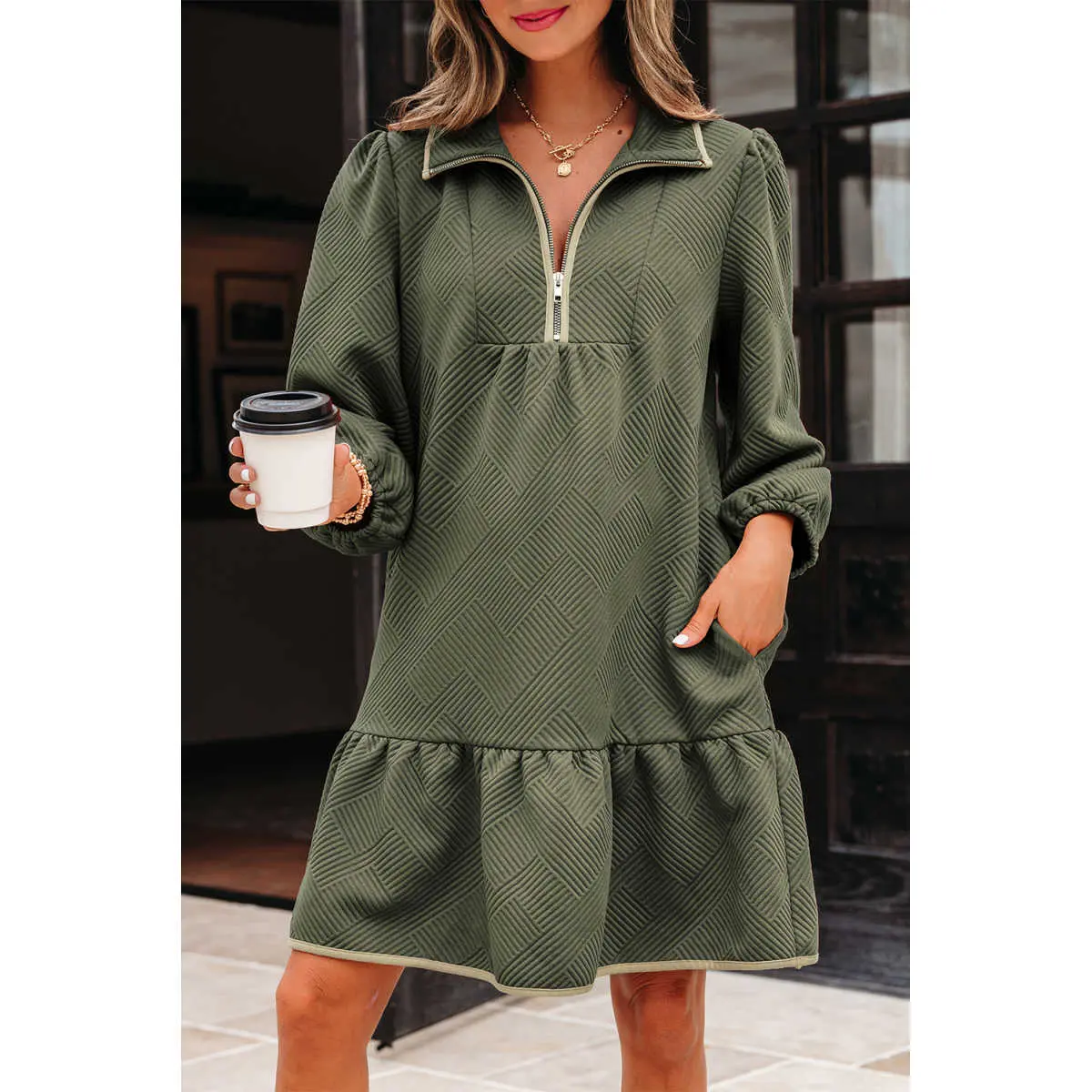 Jungle Green Quarter Zip Collar Bracelet Sleeve Textured Mini Dress