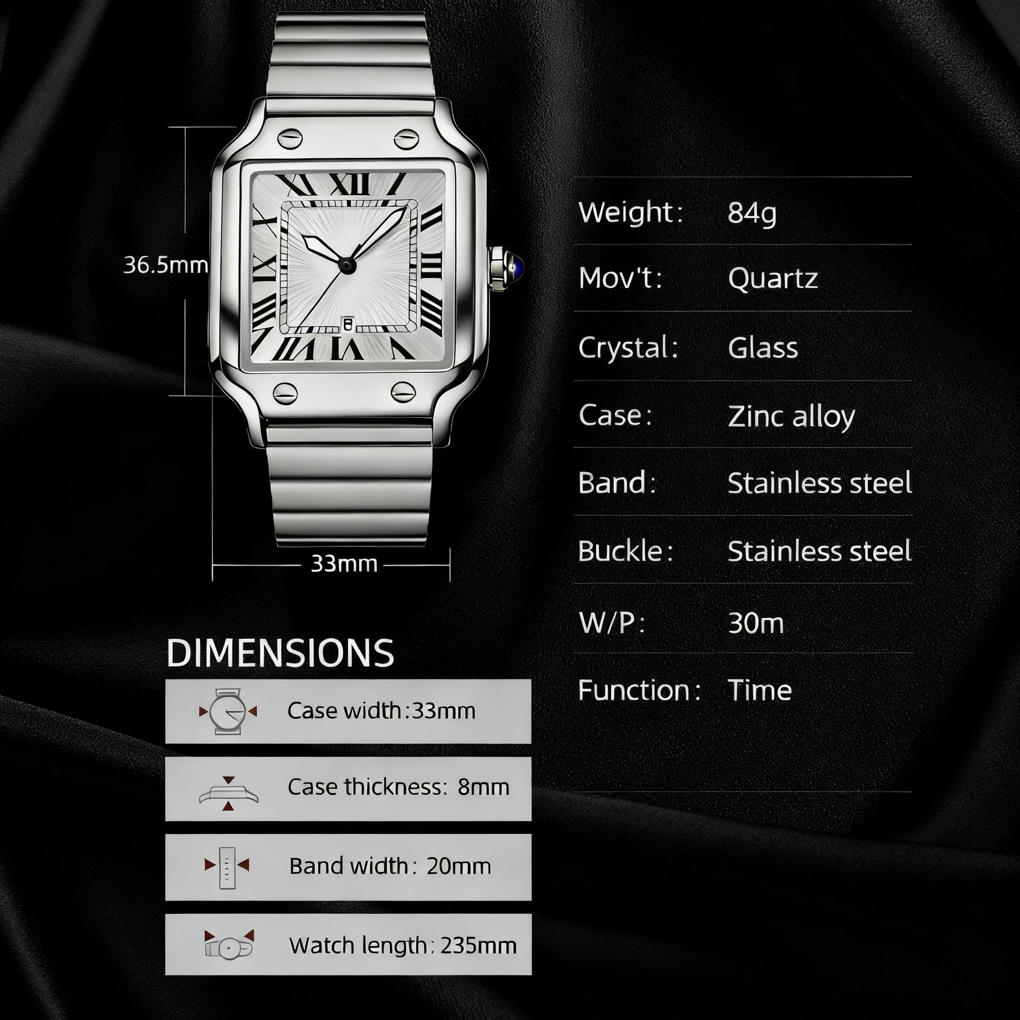 Unisex Classic Square 33mm Analog Dial Quartz Drive Silver Watch, Stainless Steel Strap, Date Display, Water-Resistant Casual Wristwatch for Women Men