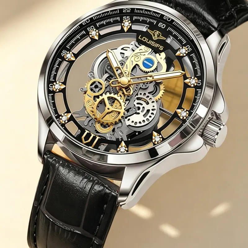 Double-sided Hollow Men's Watches, Dual Side Design, Analog Watches, Birthday Gift Japan Imported Quartz Movement Accurate timekeeping 50m Waterproof Hollow Skeleton Gear Second Hand Classic Business Brown Leather Stainless Steel Case Diamond Scale