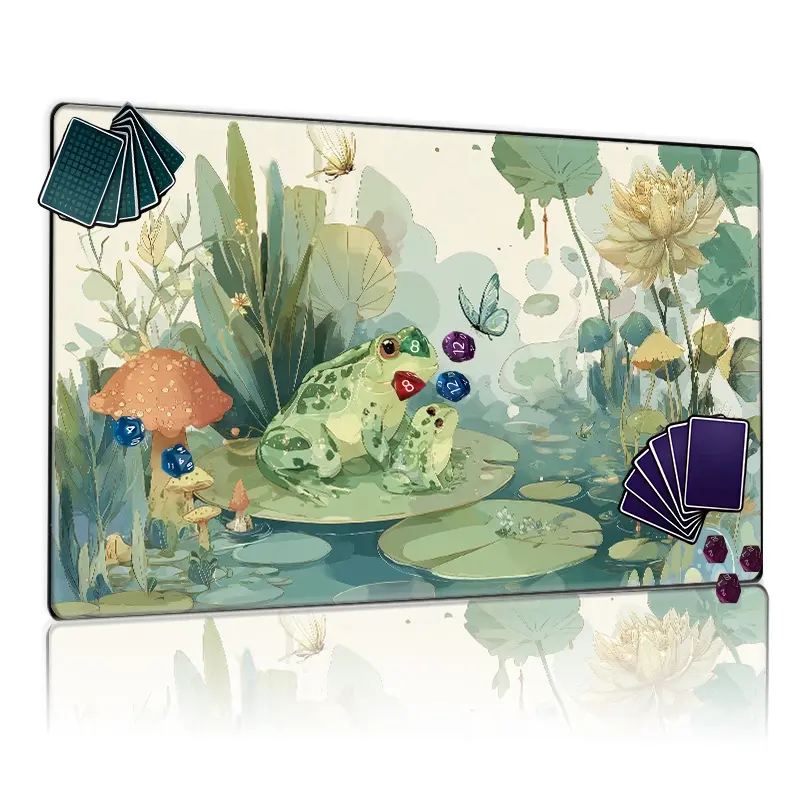 Whimsical Watercolor Frog Pond TCG Playmat 12x24in Non-Slip MTG Playmat for Card Games, Family Gathering & Gift, Pastel Nature Art Design with Mushrooms, Lotus & Butterflies