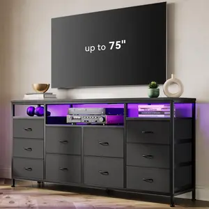 GARVEE63" Black Dresser with LED Lights & Outlets - 10-Drawer Storage Unit for Bedroom or Living Room - Multi-Functional Furniture with Power Hub