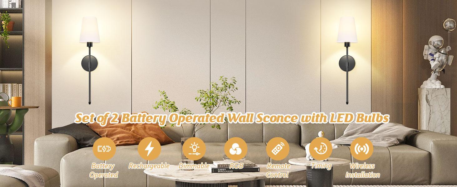 Battery Operated Wall Sconces Set of 2, Rechargeable Sconces Wall Decor with Remote, Sconce Wall Lighting Wireless, Wall Lamps no Wiring for Bedroom, RGB Dimmable Wall Lights for Living Room