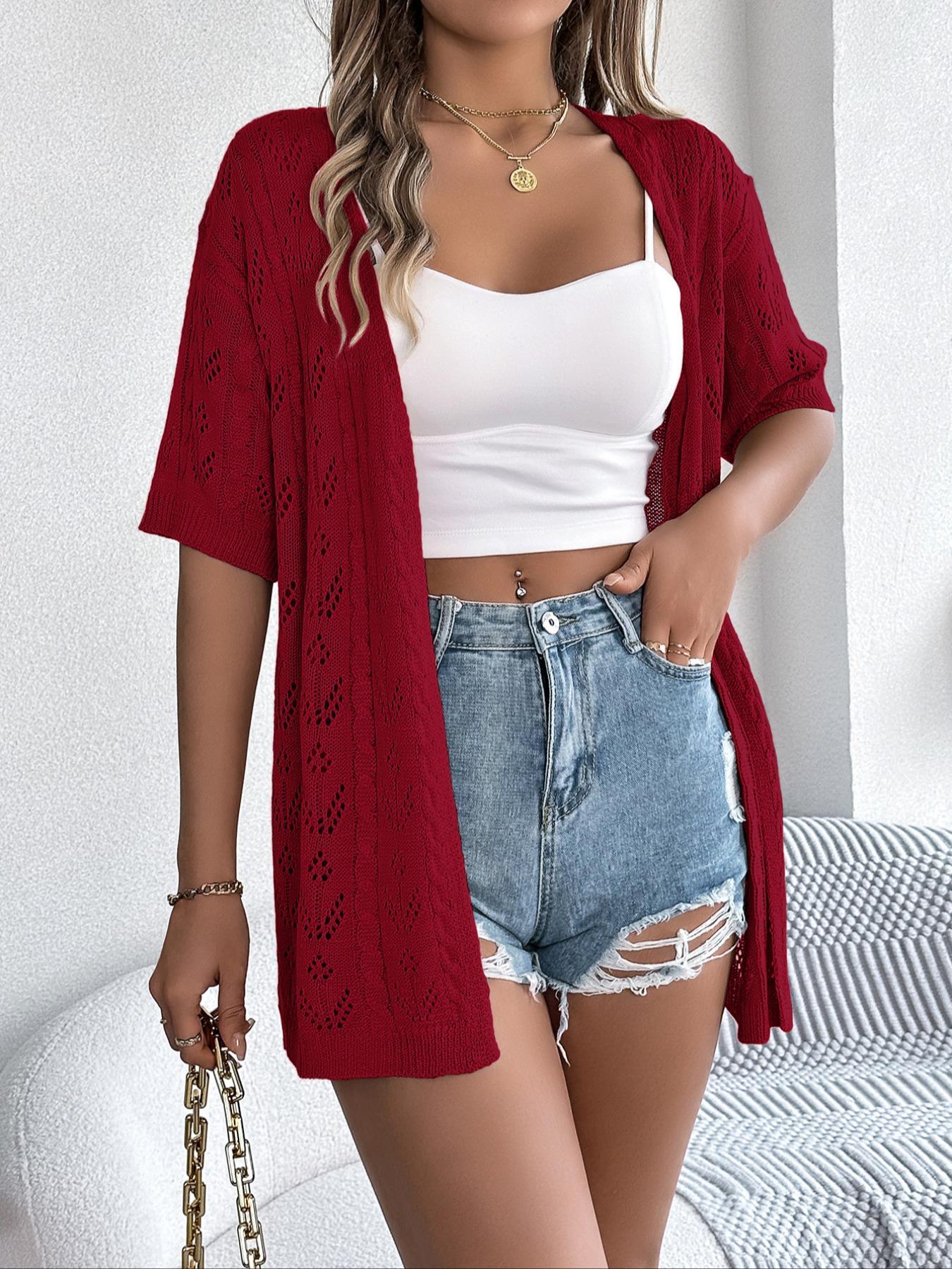 Women's Plain Hollow Out Sheer Vneck Drop Shoulder Fit Cardigan, Casual Half Sleeve Open Front Knitwear for Summer, Fashion Women's Knit Clothing for Daily Wear