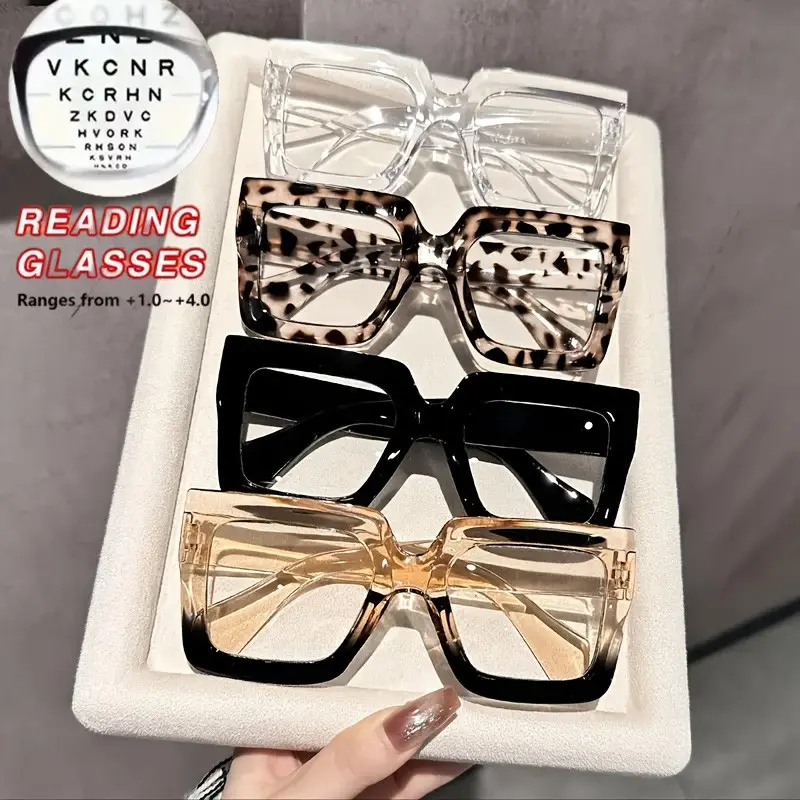 4 Pcs Large Frame Reading Glasses, Anti-Blue Light, High Definition Lenses, Comfortable Portable, Unisex, Daily Office Use