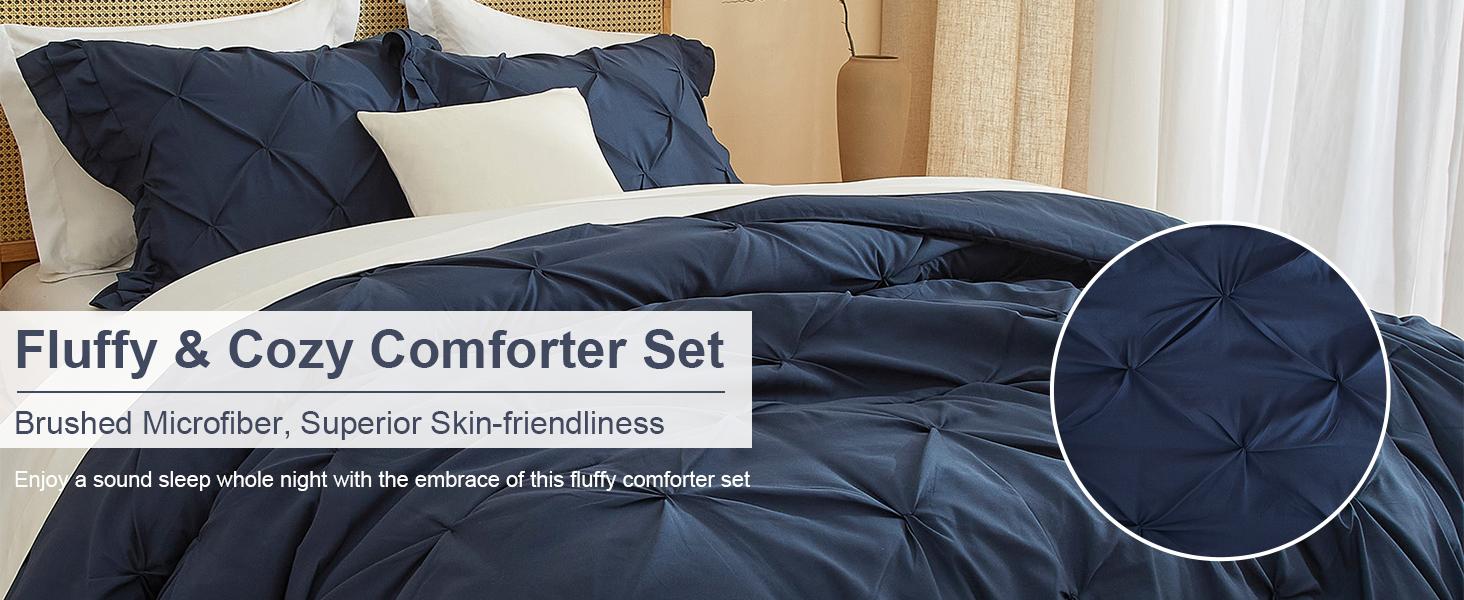 Dark Blue Ruffled Pintuck Comforter Set Queen Size, Microfiber Pleated Comforter Set Vintage Bedding, 3 Piece Brushed Comforter Set, 1 Ruffled Comforter with 2 Pillowcases