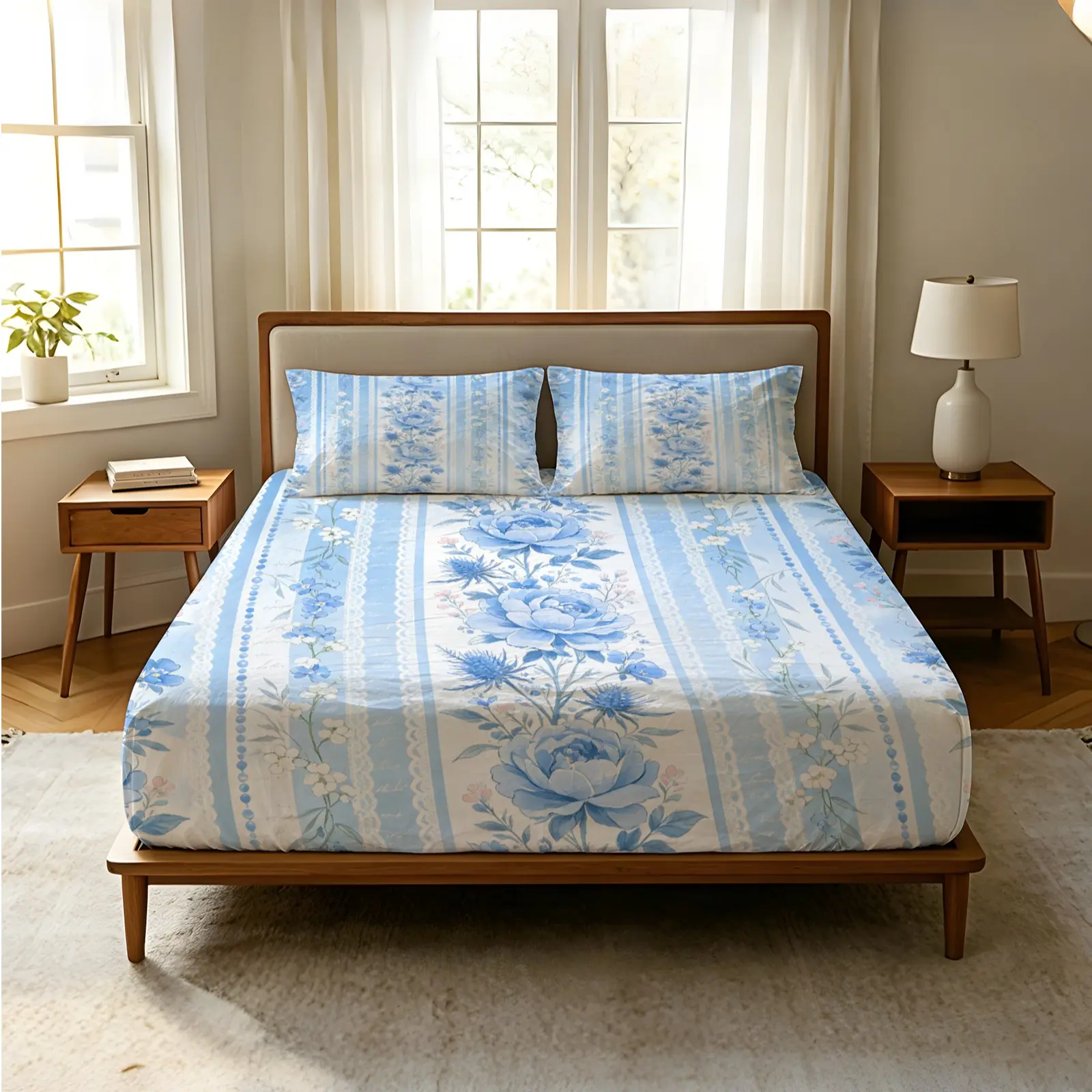3-Piece French Countryside Vintage Vertical Stripe Floral Printed Fitted Sheet Set, Machine Washable Skin-Friendly Polyester Fabric, Full-Wrap Elastic Mattress Protection Design, Multi-Scenario All-Season Household Bedding