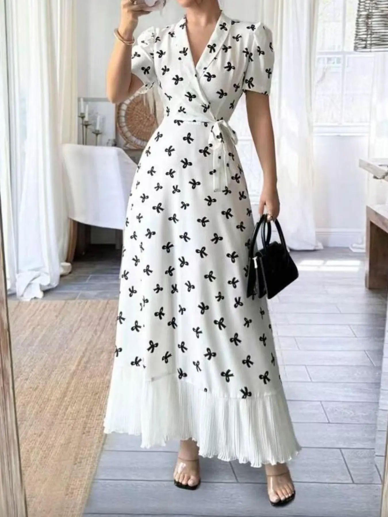 Women's Fashion Casual Chiffon Patchwork Print Elegant Dress, Stylish and Comfortable, Perfect for Daily Wear and Special Occasions, Chic Belt