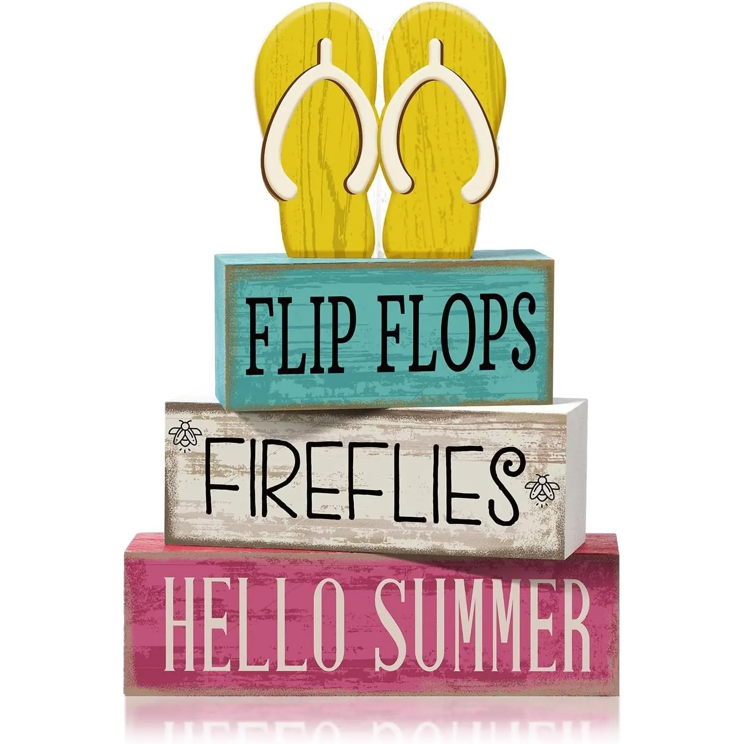 4 Pcs Summer Table Decorations Wooden Sign Flip Flops Table Centerpiece Summer Tiered Tray Decor Decorative Faux Book Stack Block for Coffee Fireplace Mantel Floating Shelf Hawaii