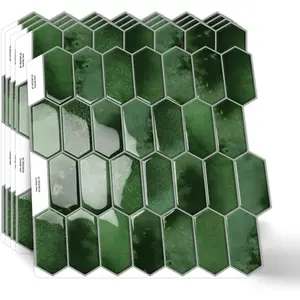 10-Sheet Long Hexagon Peel and Stick 3D Waterproof Self-Adhesive Kitchen Backsplash Tiles for Kitchen Bathroom Fireplace RV Dark Green 12"×12"