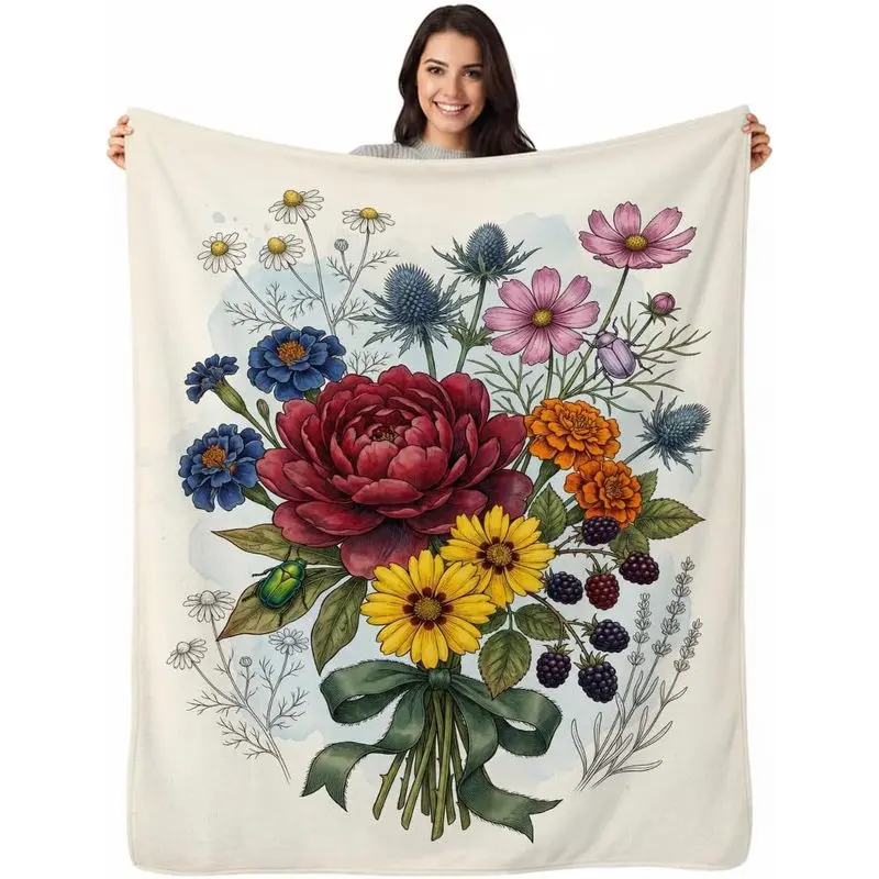 Vintage Botanical Bouquet Blanket Soft Throw Blanket 50" x 60" | Vintage Botanical Bouquet Blanket Lightweight Decor for Living Room, Bedroom, Office and Travel, Home Decor Gift