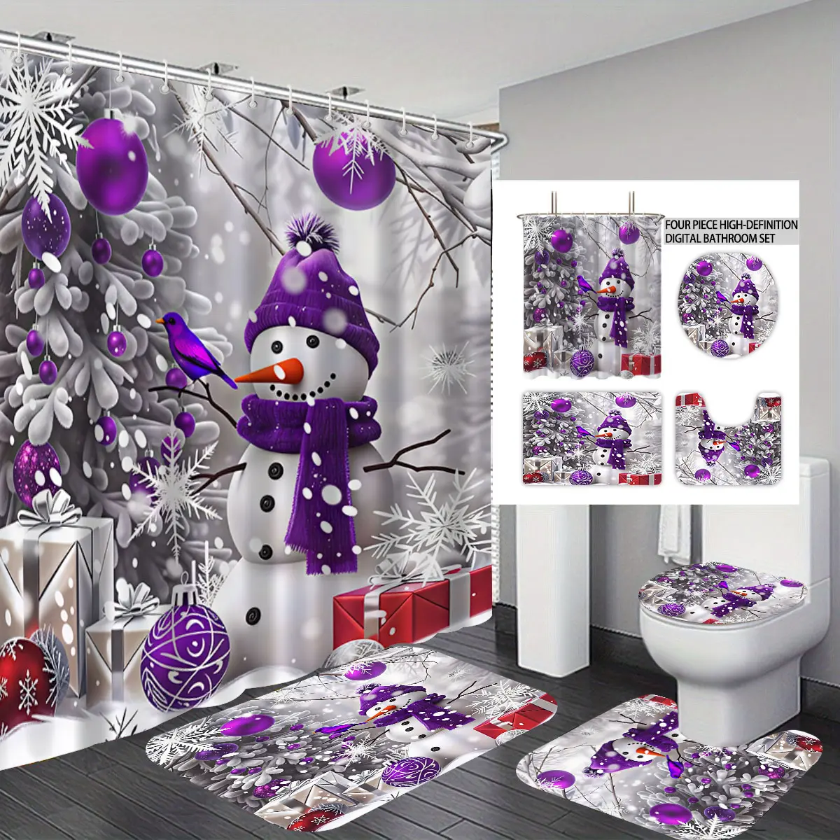 4‑Piece Digital‑Printed Bathroom Set,Purple Snowman Christmas Theme,Includes Shower Curtain,Bath Mat,U‑Shaped Cushion,Toilet Seat Cover,Perfect Gift
