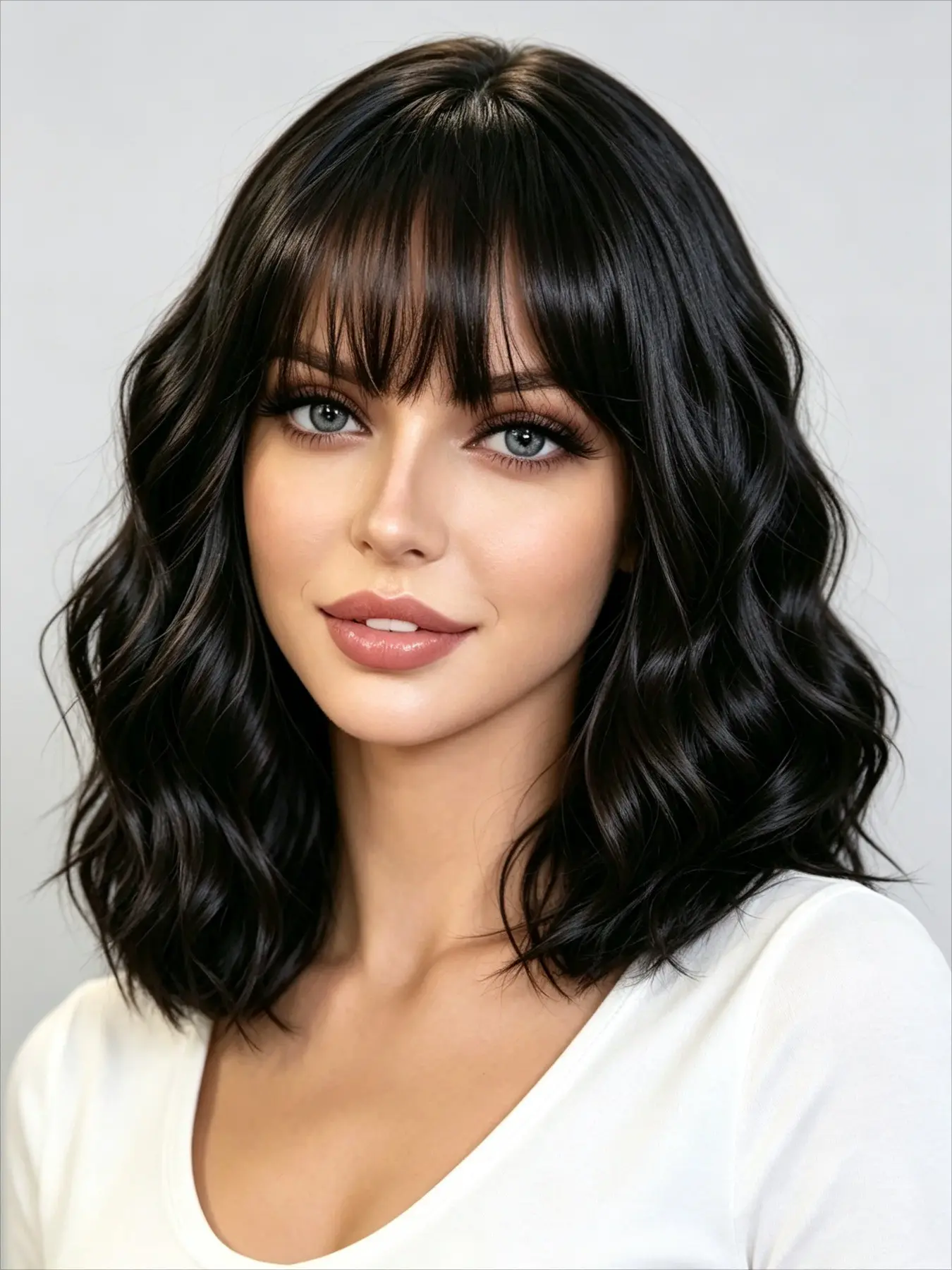 Shoulder Length Short Bob Wig with Bangs for Women, Loose Wavy Synthetic Material Wigs Hair, Heat Resistant Fiber, Lightweight Comfortable Natural Looking Wig, Ideal for Daily Styling, Black, Black Mixed Brown, Blonde Light Brown and 99J Red Wine Colors
