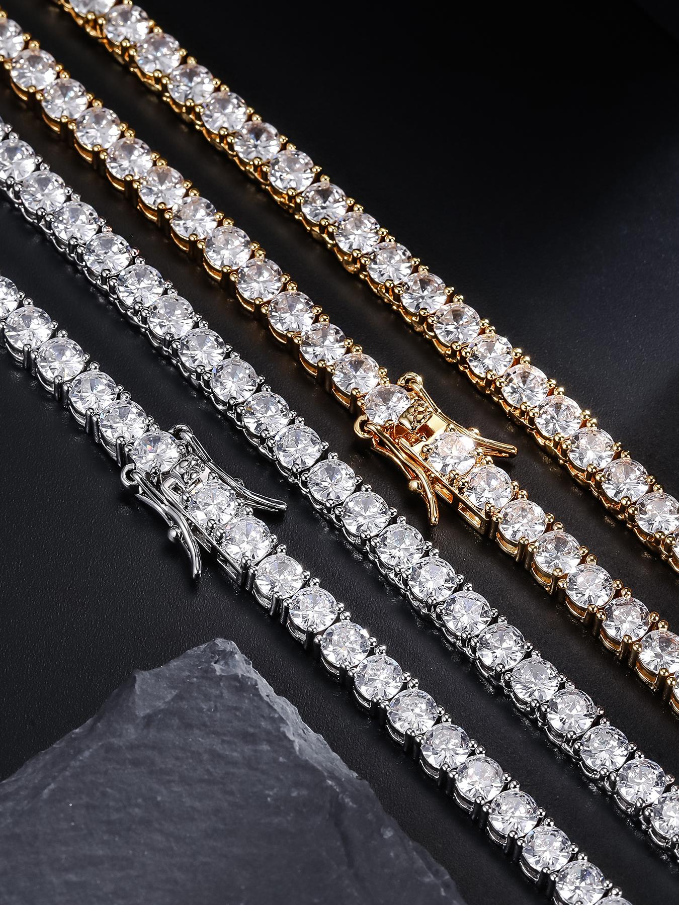 ICED CHICS Men's Hip Hop Rapper Style Full Diamond Pendant Necklace, Square Faux Diamond Design, Luxury Unisex Jewelry, Perfect Father's Day Gift，4-millimeter tennis chain, Iced Out Jewelry