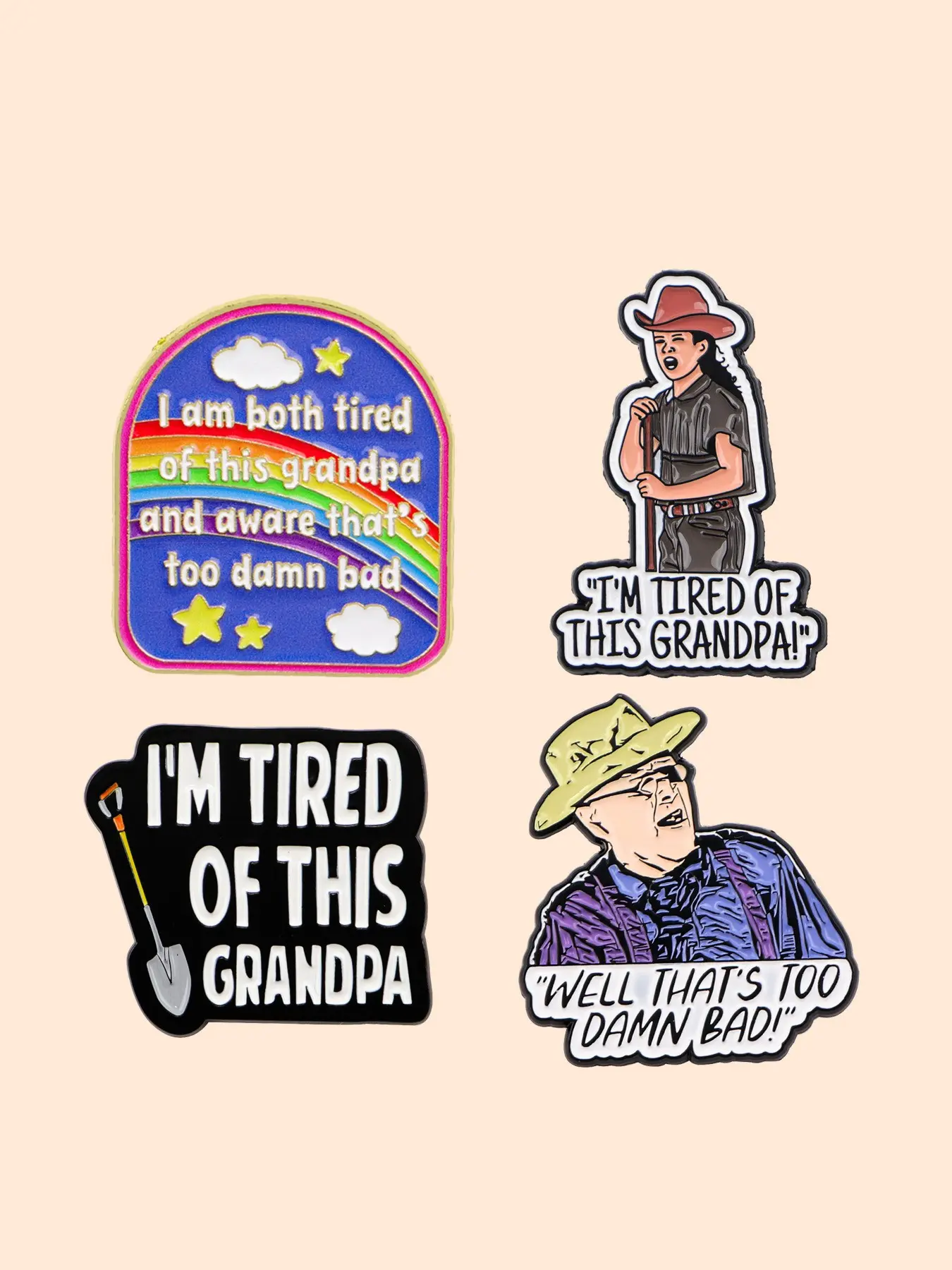 4pcs/set I AM TIRED OF THIS GRANDPA Humorous Quote Enamel Brooch Pins, Fashion Backpack Hat Sweater Accessories, Perfect Gift for Her, Casual All-Season Wear