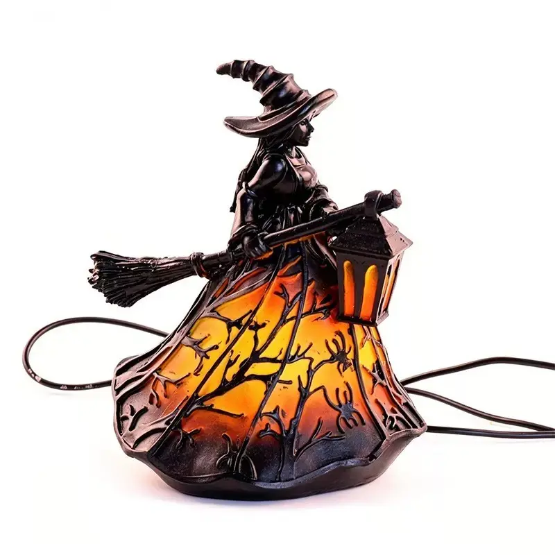 Halloween glowing witch resin figurine - witch desk decoration Fall Decor with lantern broom - spooky house and secret room party atmosphere