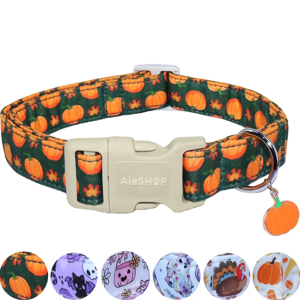 VintageDarkGreenPumpkinPrintDogCollarforHalloween, SoftandWear-resistantCottonPuppyNeckCollarwithPumpkinPendant, Quick-release Adjustable Comfort Pet Collar, Adjustable Collars, Suitable for Small, Medium, Large Dogs, Halloween Gift for Fur Babies