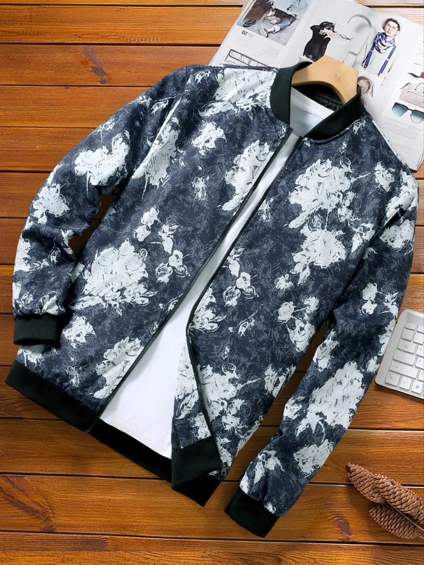 Men's Ink Wash Floral Full Print Baseball Neck Jacket, Spring Fall Retro Art Style Zipper Open Front Loose Fit Casual Outerwear Top Menswear