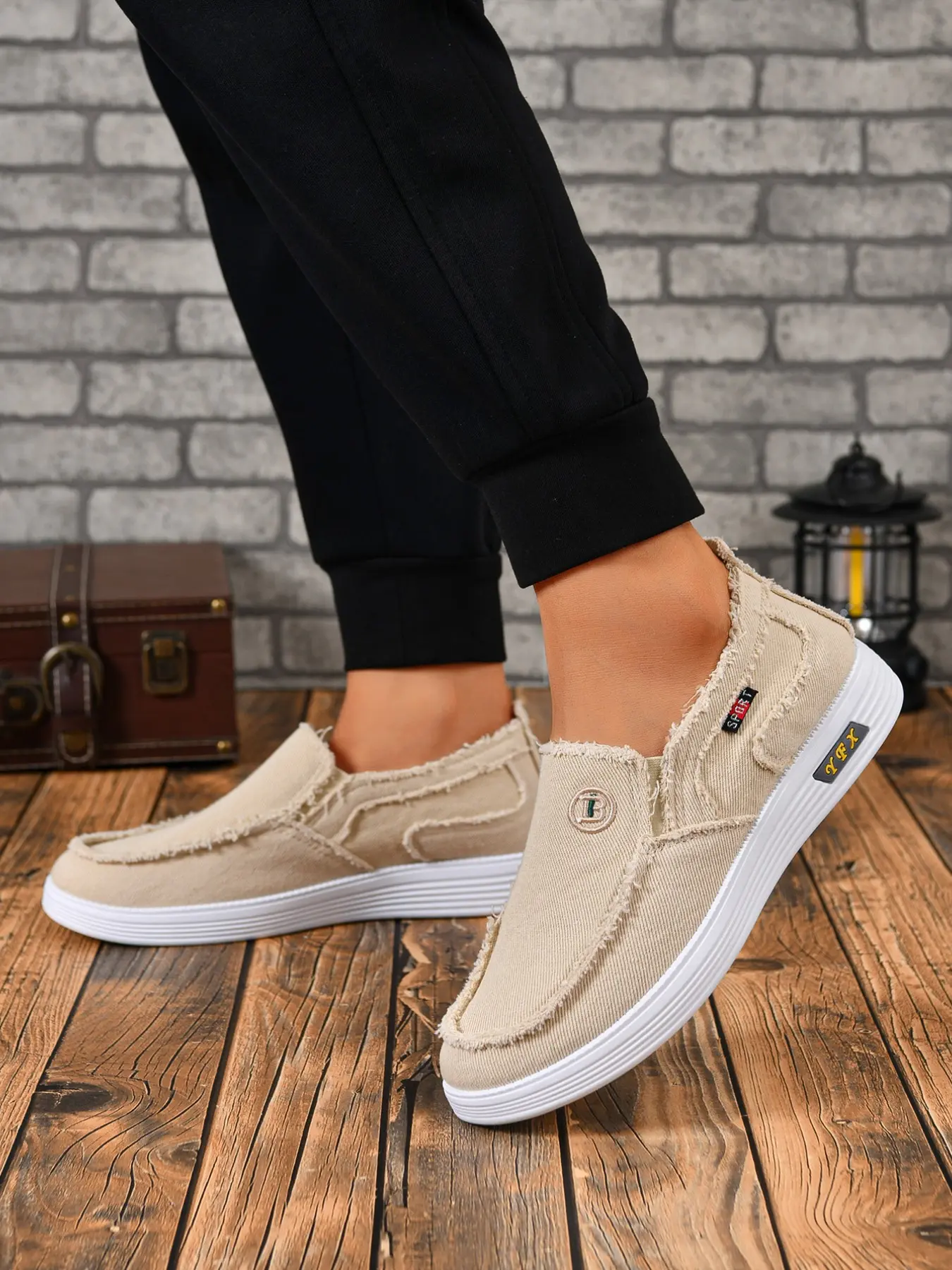 Men's Slip On Canvas Loafers, Vintage Frayed Edge Casual Walking Shoes, Lightweight Platform Low Top Sneakers, Daily Wear Non Slip Flat Shoes for Driving Outdoor Travel
