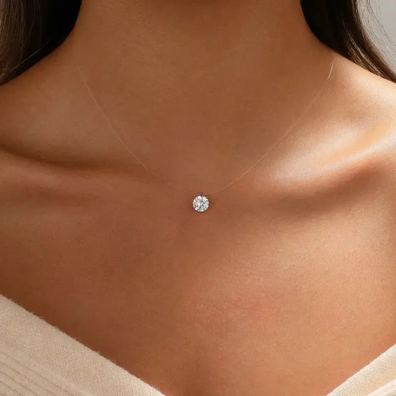 Women's Floating Cubic Zirconia Pendant Necklace on Invisible Transparent Cord, Minimalist Choker Adjustable Length, Everyday Layering Jewelry, For Woman,Gift,summeroutfits,vacationoutfits,beachoutfits