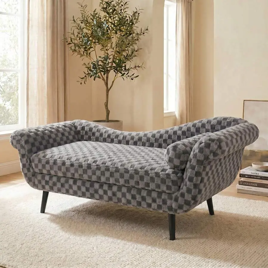 Modern Chaise Lounge Indoor, Checkered Boucle Velvet Sofa Bed With Rolled Arms, Mid-Tapered Legs Upholstered Daybed Bench Living Room Bedroom Office,
