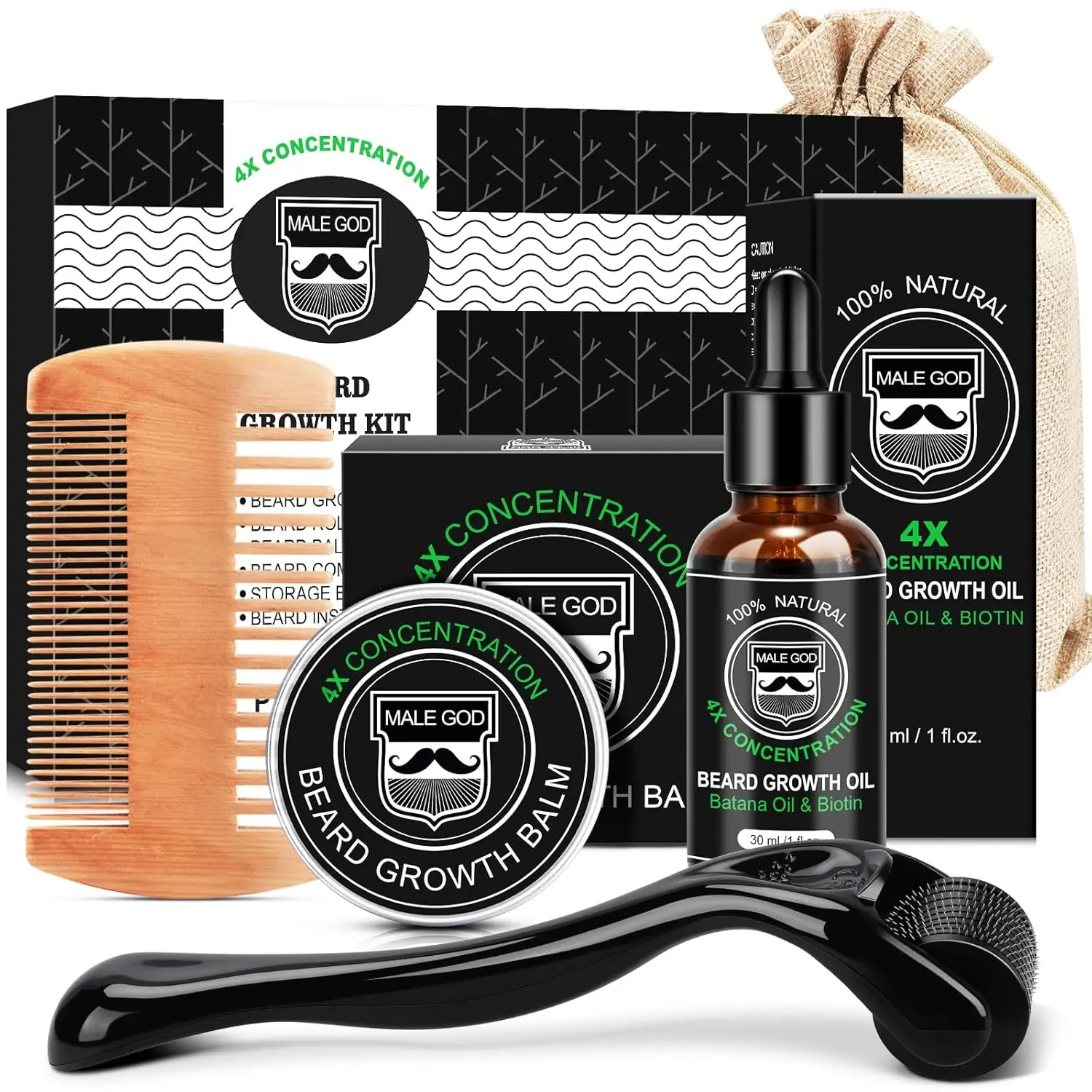 MALE GOD Beard Kit, Beard Growth Kit w/Natural Ingredients Beard Oil & Balm & Comb, Beard Growth Oil w/4X Thickening Biotin, Fathers Day |   Christmas |   Birthday Gifts for Men Him Husband Boyfriend Dad