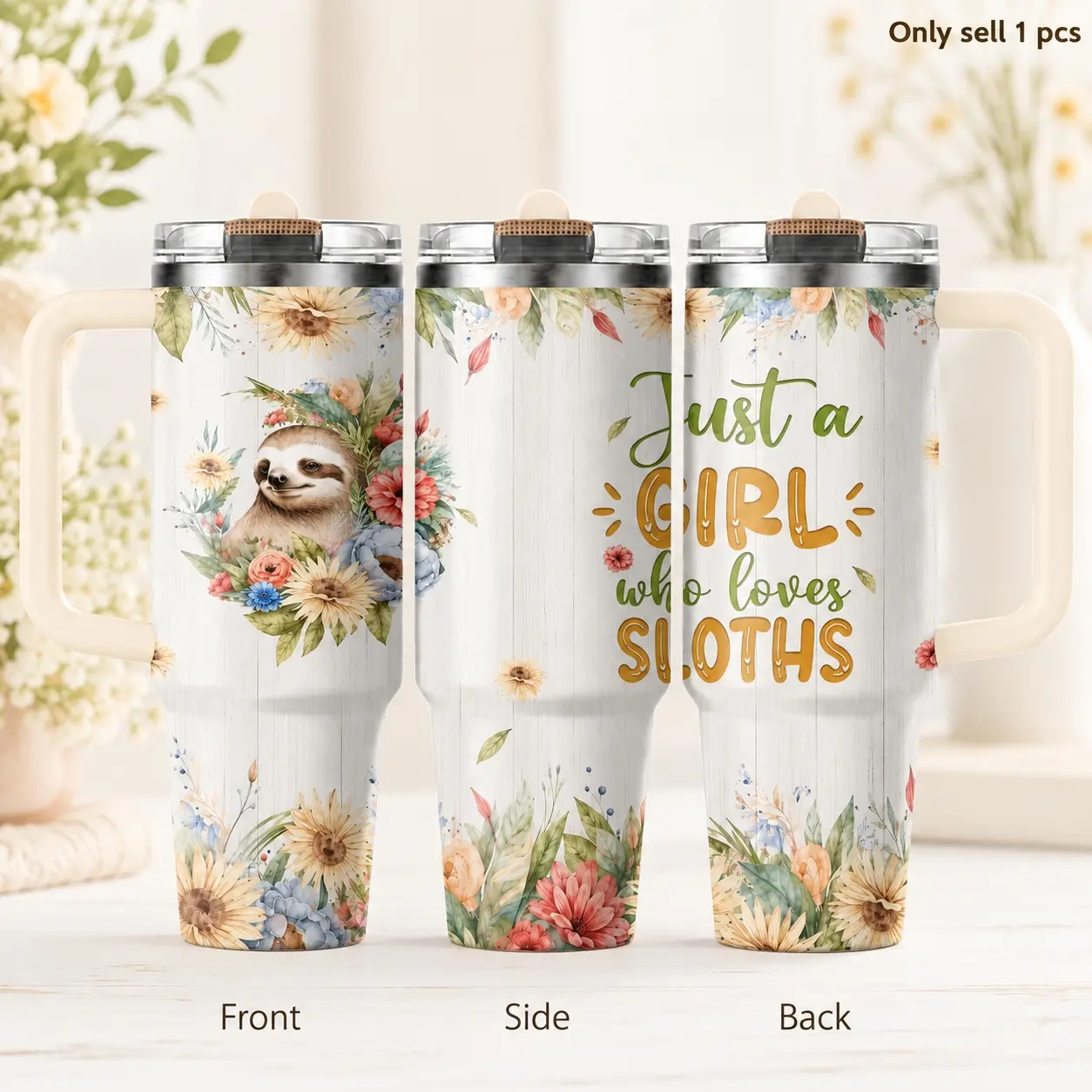Sloth Lover 40oz Tumbler – Funny Cute Stainless Steel Insulated Portable Travel Cup with Handle & Flip Straw Lid for Water, Coffee, Home, Office, Gym, Car Cup Holder, Gift for Girls