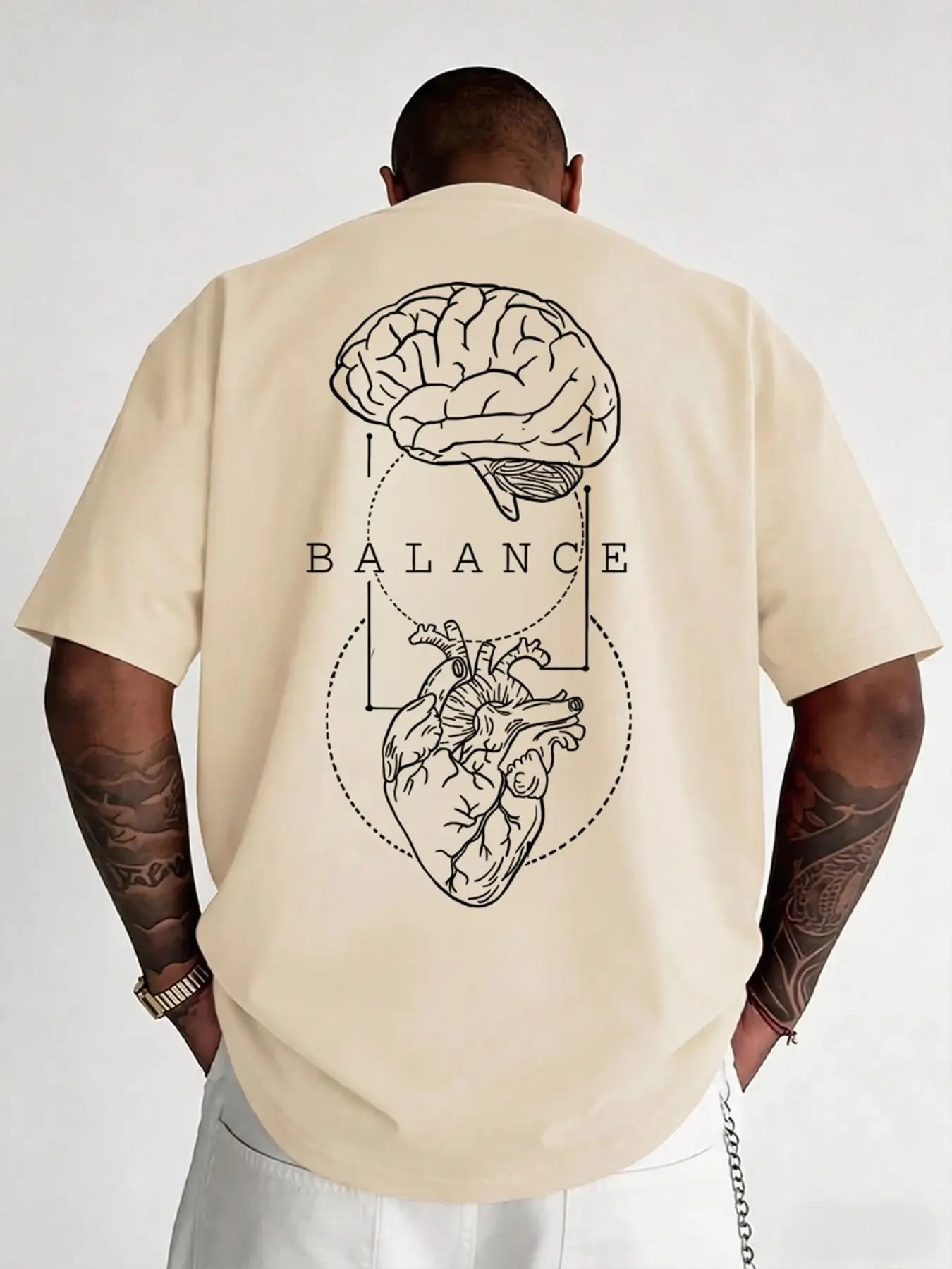 Men's T-Shirt, Balance Brain and Heart Graphic Print, Minimalist Front and Back Design, Casual Streetwear Short Sleeve Tee, Casual Graphic Top, Menswear
