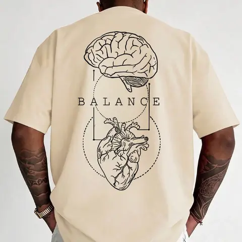Men's T-Shirt, Balance Brain and Heart Graphic Print, Minimalist Front and Back Design, Casual Streetwear Short Sleeve Tee, Graphic T Shirts, Menswear