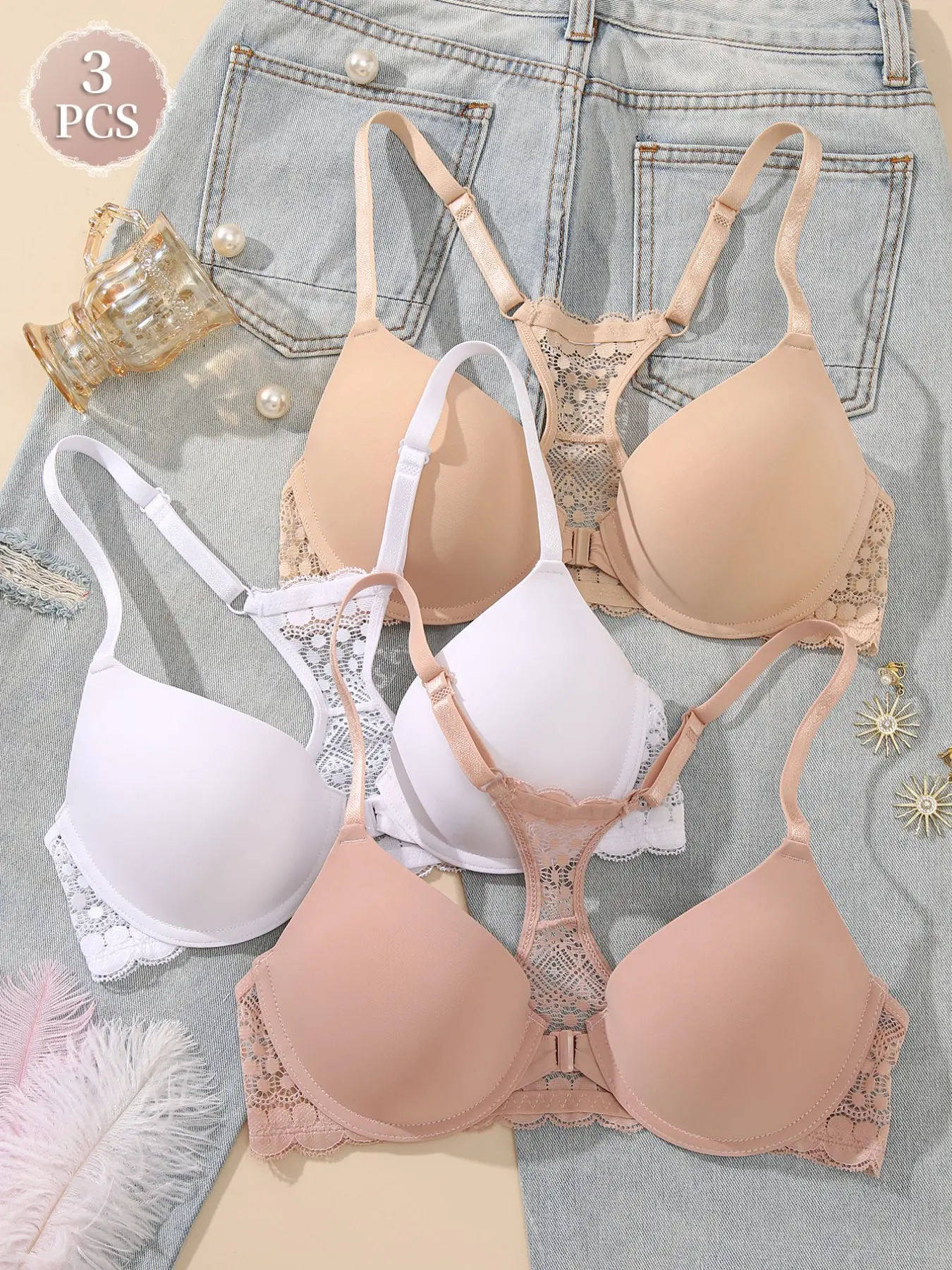 3PCS Women's Underwire Front Closure Racerback Bra, Smooth Seamless Racerback Lace Thin Brassiere, Adjustable Strap Deep V Push Up Comfort Bra, Multi-Color Skin-Friendly Versatile Daily Wear Everyday