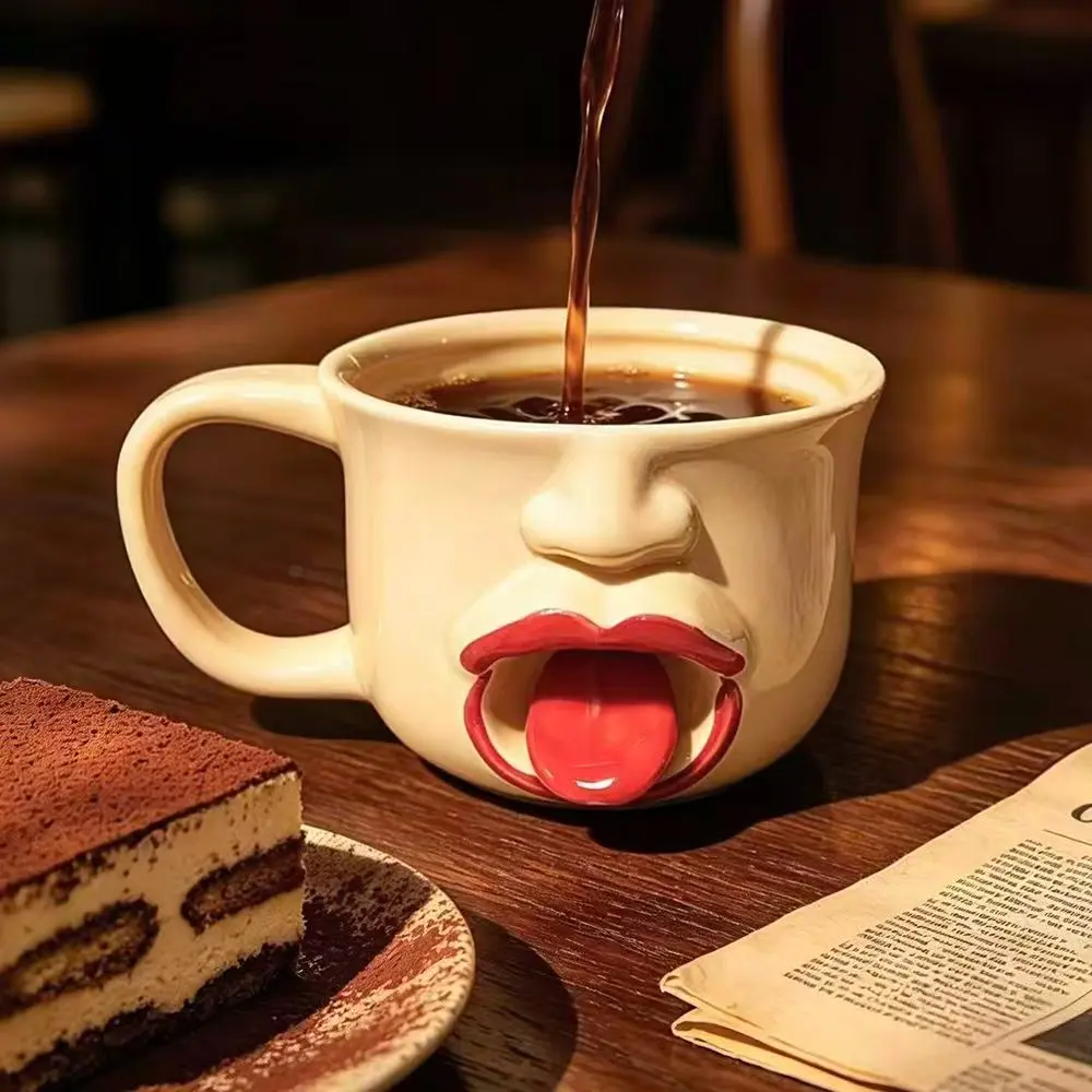 Strange Ceramic Coffee Mug, Tongue Out Abstract Funny Water Cup, Unique Gift for Friends, Birthday Present, Novelty Drinkware