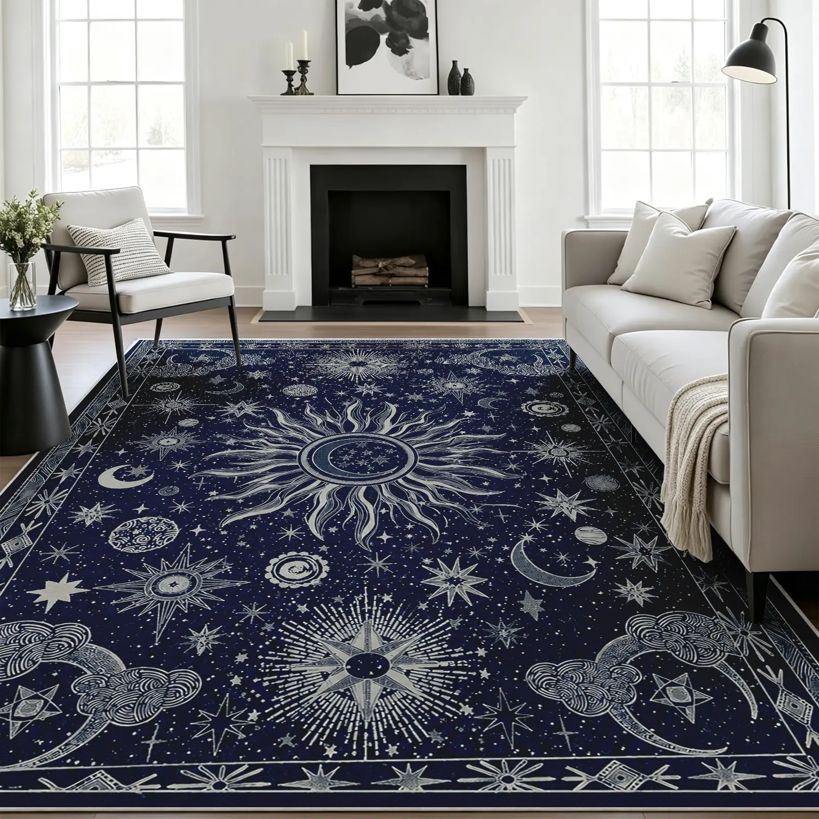 8x10ft Navy Blue Celestial Sun and Moon Area Rug - Ultra-Soft, Non-Slip Backing, Durable Edge, Machine-Washable, Stain-Resistant Floor Carpet for Living Room, Bedroom, Office, and Dining Room, Easy Care Home Decor Alfombras Para Sala