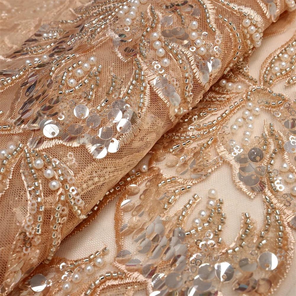 Elegant African Lace Fabric Wedding Dress, Sequins Beaded Embroidery Gown for Nigerian Bride, High Quality French Net Lace Material