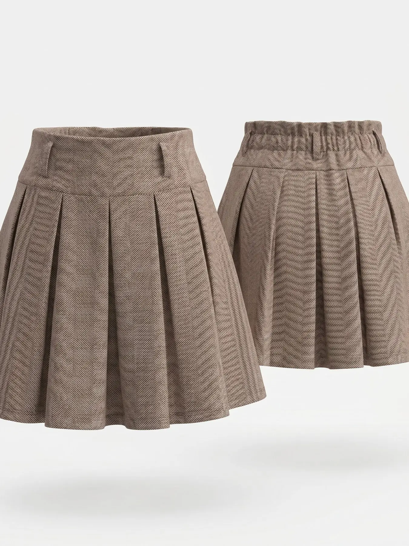 College British Style Wool Skirt, French Antique Herringbone Wool Skirt, High Waist Pleated Winter A-Line Office Short Skirt, Commuter Chic Fashion Mini Skirt