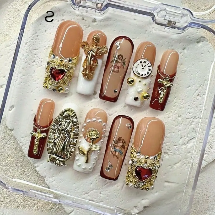 10Pcs Handmade Long Square Press On Nails, Y2K Vintage Religious Nude Wine Red Fake Nails, 3D Angel Virgin Mary Cross Clock Heart Gem Charms Pearl Accent Glossy Reusable Acrylic Nails For Women Girls daily office use spring