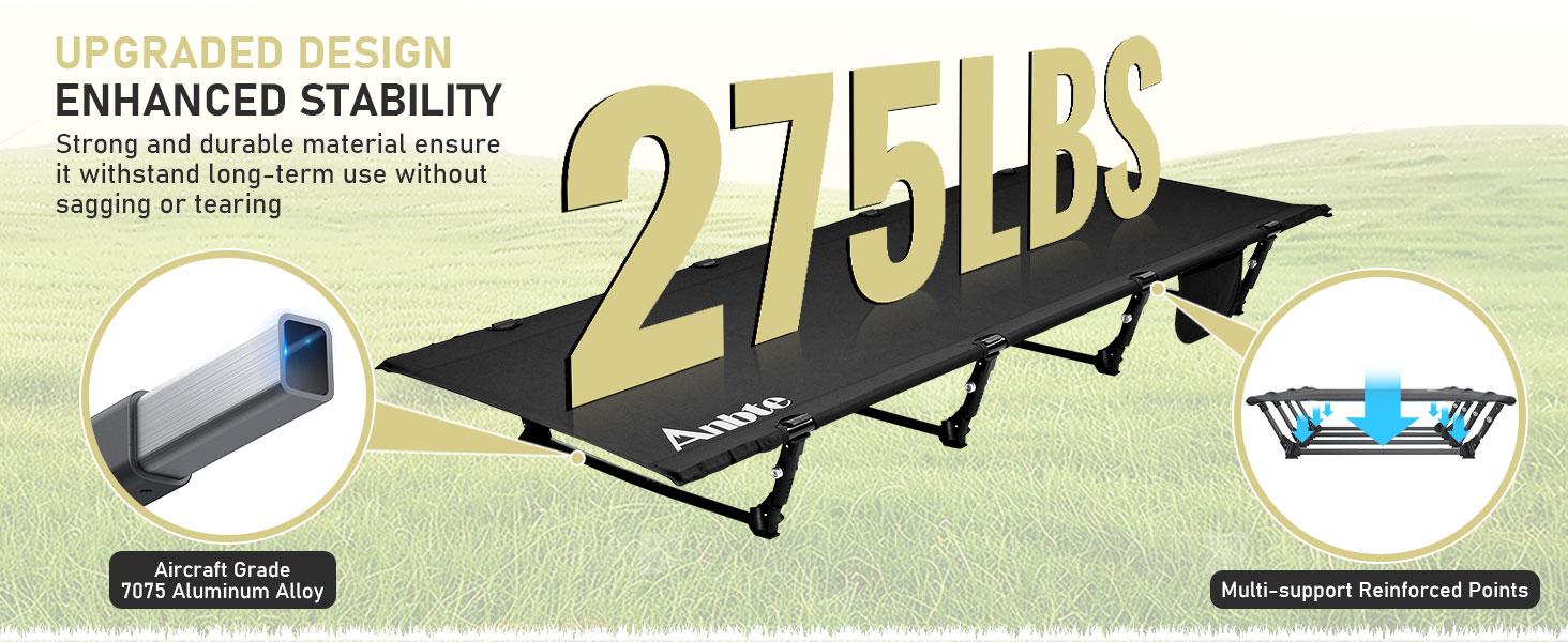 Anbte Ultralight Folding Camping Cot, Comfortable Portable Camping Cot Supports 275 lbs with Storage Bag & Side Pocket, Lightweight Folding Bed for Outdoor Travel Tent Indoor Emergency Bed, Black
