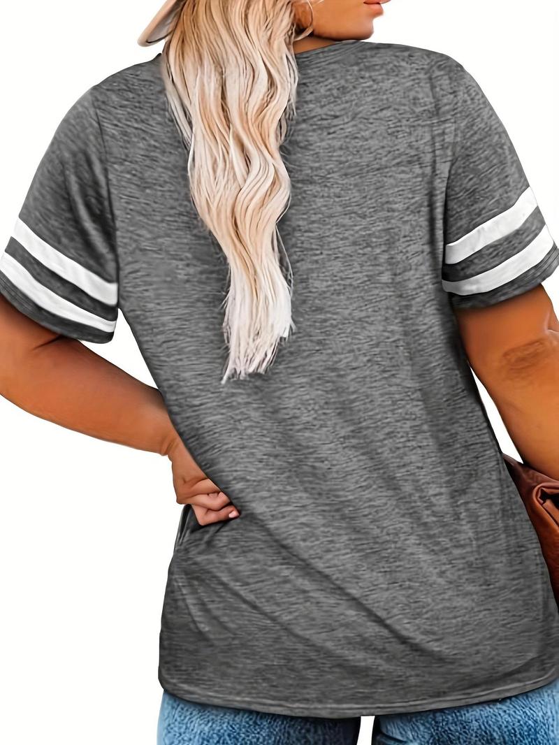 Plus Size Contrast Striped Print V Neck Tee, Casual Short Sleeve T-shirt for Summer, Women's Plus Clothing for Daily Wear, Cute Tops