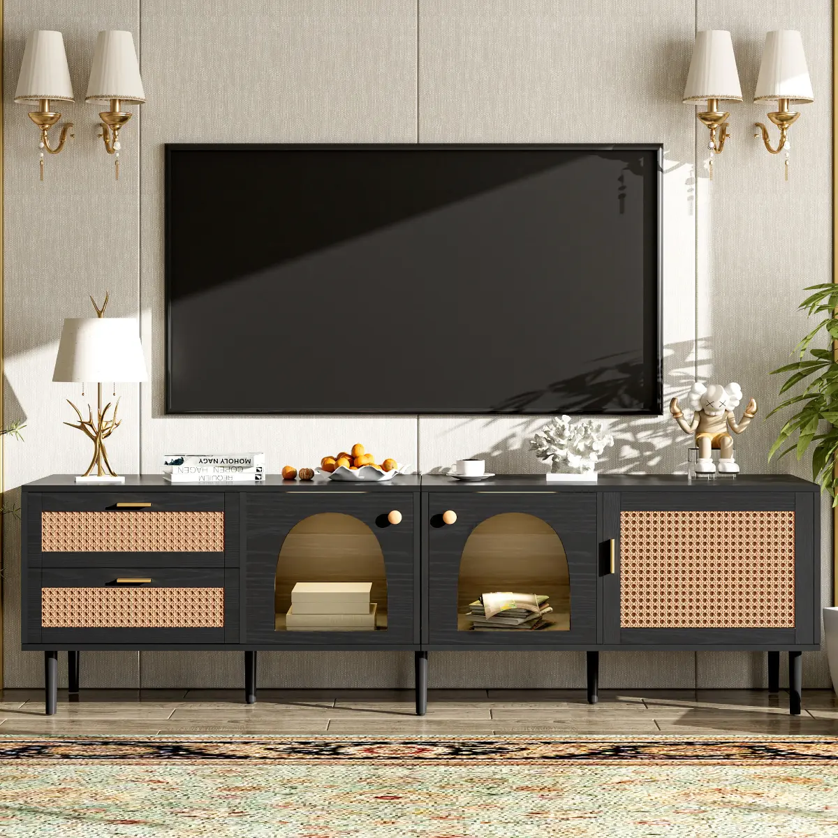 [Bellemave] Rattan TV Stand with 3 Cabinets & 2 Drawers, Rattan-inspired Media Console Table for TVs up to 80'', LED Light Entertainment Center, TV cabinet for Living room, Bedroom, Home Theatre