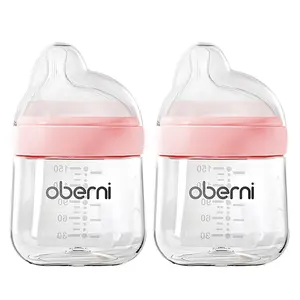 Unisex Anti-Colic Baby Bottles for Infants (0+ Months), 2-Pack 150ml/5oz Leak-Proof Pink Bottles with Slow Off-Centered Nipples, Essential Newborn Nursing & Feeding Items