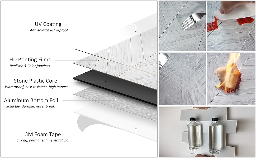 10-Sheet Herringbone Peel and Stick Backsplash, Vintage White Wood Look PVC Stick on Backsplash for and