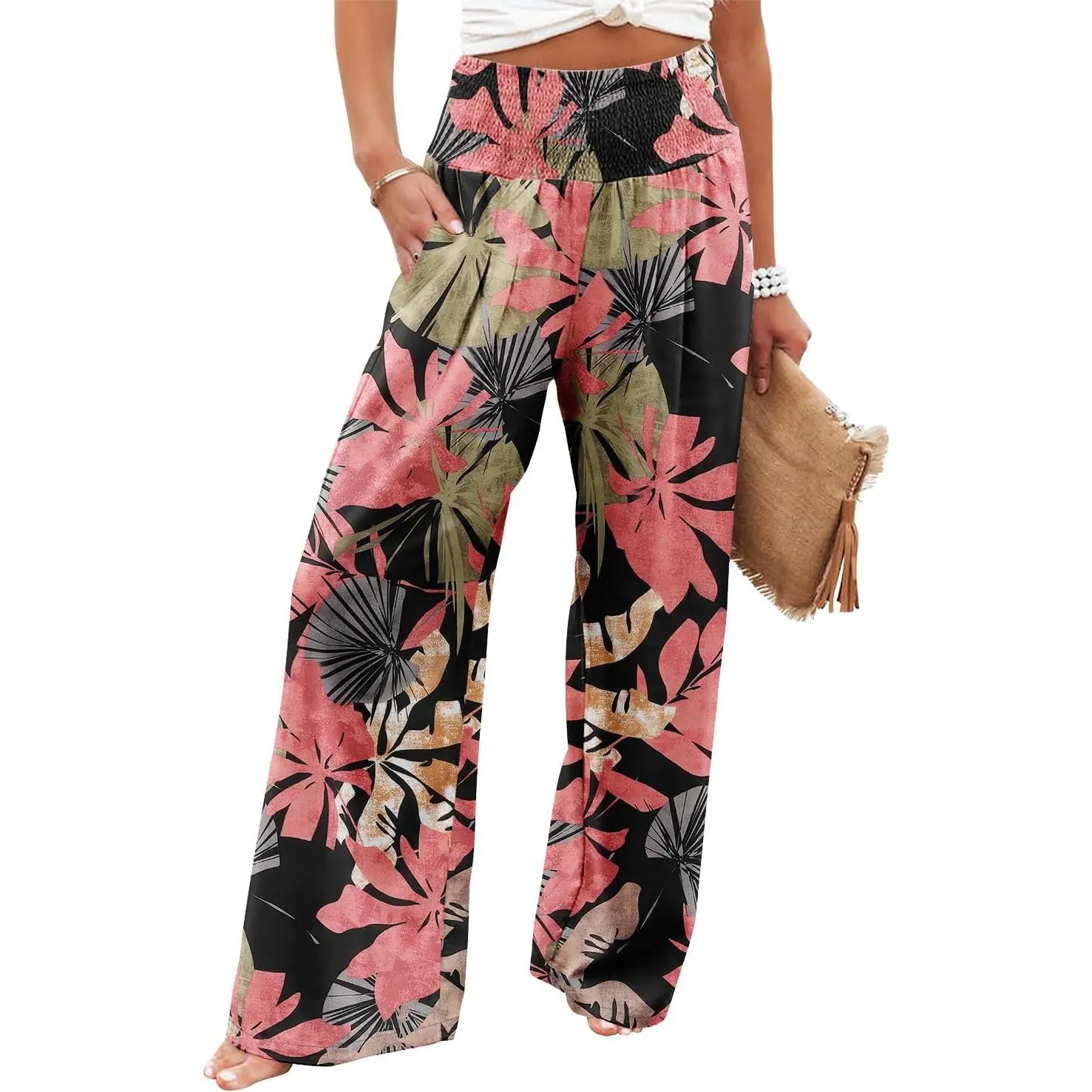 Women's Elastic High-Waisted Palazzo Pants for Women, Casual Wide-Leg Long Lounge Trousers with Pockets