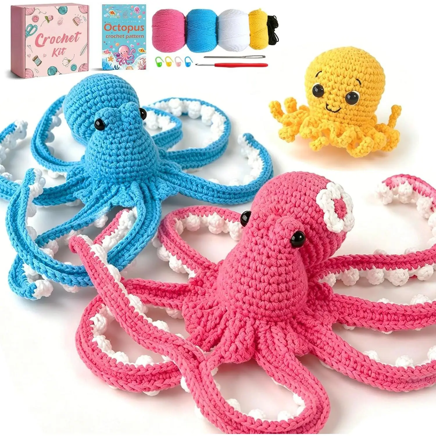 Crochet Kit for Beginners, Octopus Family Amigurumi Craft Kit | Includes Step-by-Step Video Tutorials and 40%  Yarn, Ideal for Beginner Crochet Projects.