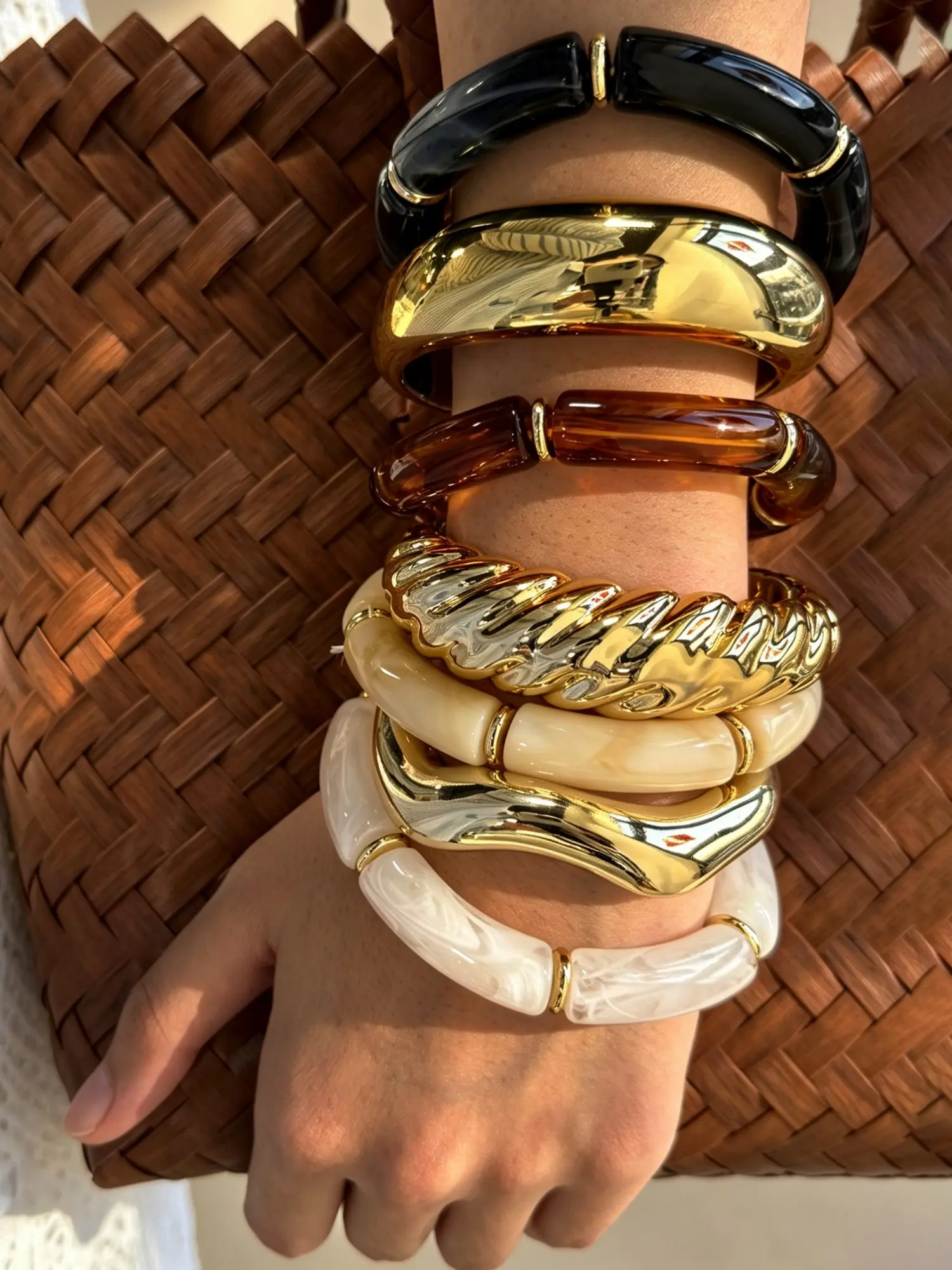 7 Pcs Women's Fashion Bracelets, Boho Vintage Resin Beads, Elastic Bangle Set, Perfect for Daily Wear, Parties, Gifts, All Seasons