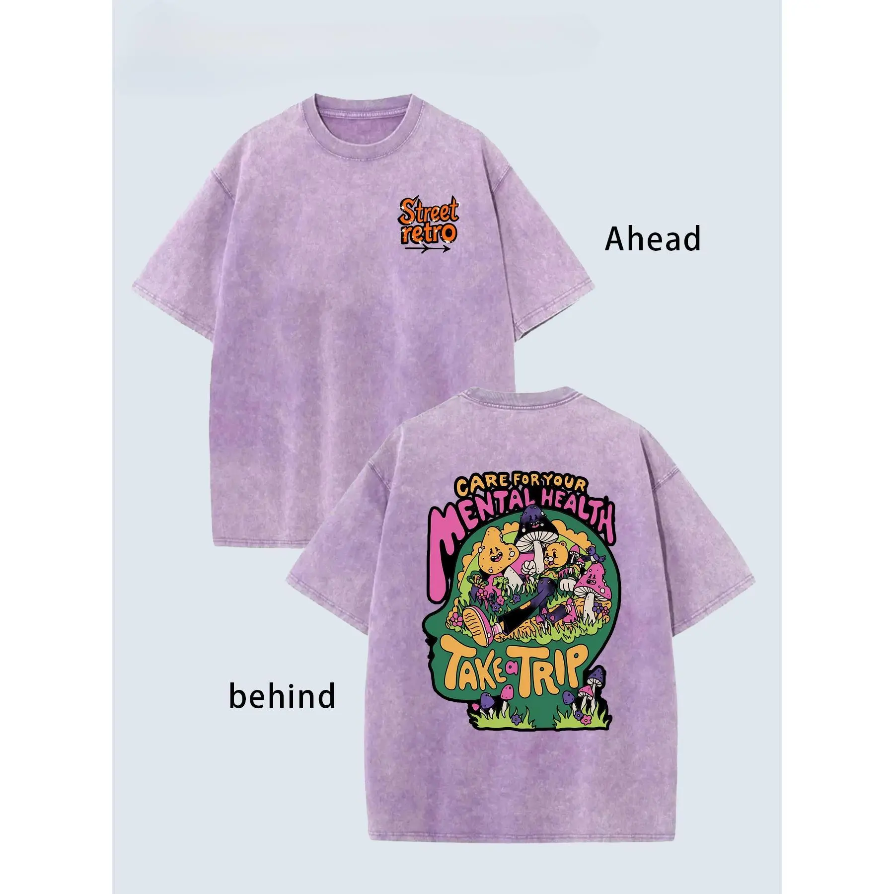 Retro Distressed Washed Oversized T-Shirt Unisex Crew Neck Cotton Trippy Mushroom Cartoon Bear Mental Health Graffiti Graphic Casual Outdoor Y2K Streetwear Loose Fit Tee For Men & Women