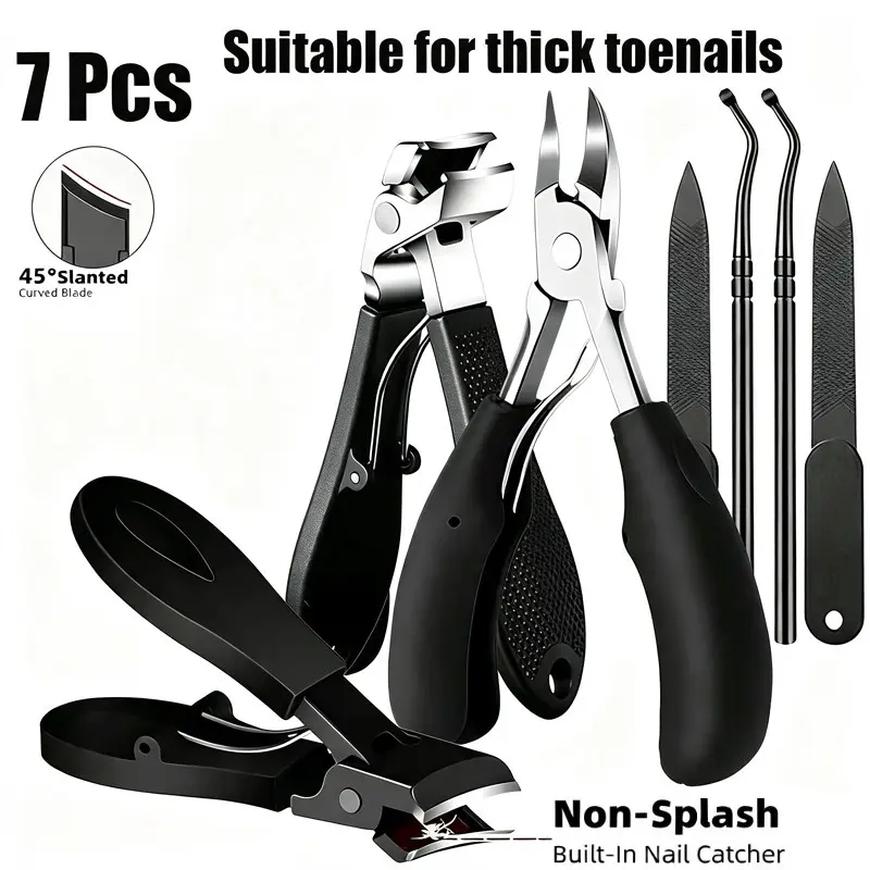 7-piece stainless steel nail trimming set, Nail trimmer kit, suitable for long and thick nails, curved blades, eagle beak nail clippers, foot trimming set, portable storage box, foot trimming supplies
