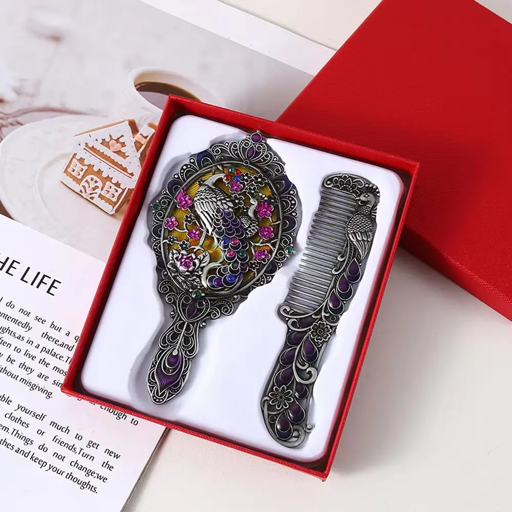 Vintage Peacock Rhinestone Design Mirror Comb Set, Floral Handheld Makeup Mirror, Fine-Tooth Hair Brush, Perfect Gift for Holidays